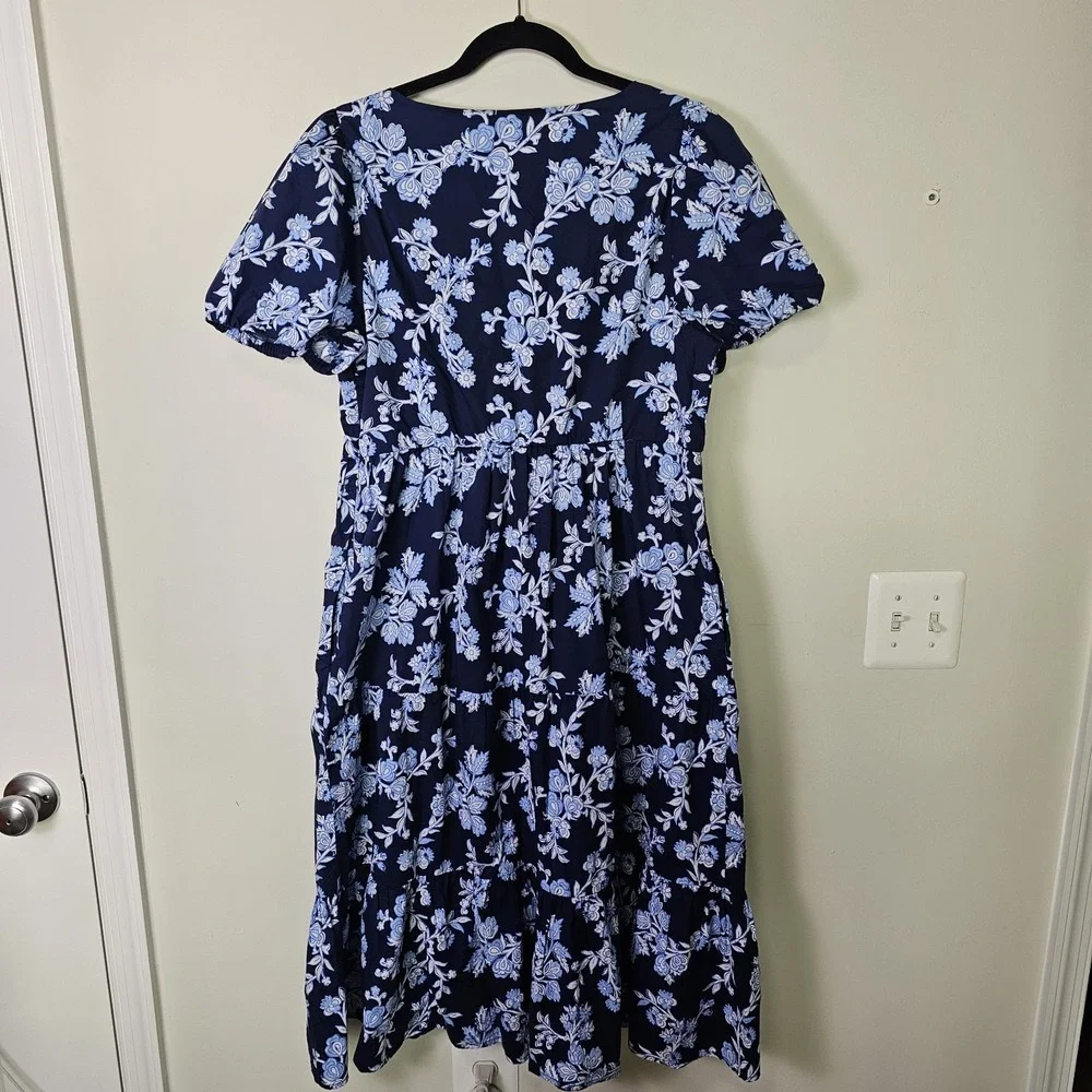 J Crew 14 Blue Floral Tiered Midi Dress Cotton Poplin Puff Sleeve Stretch Preppy